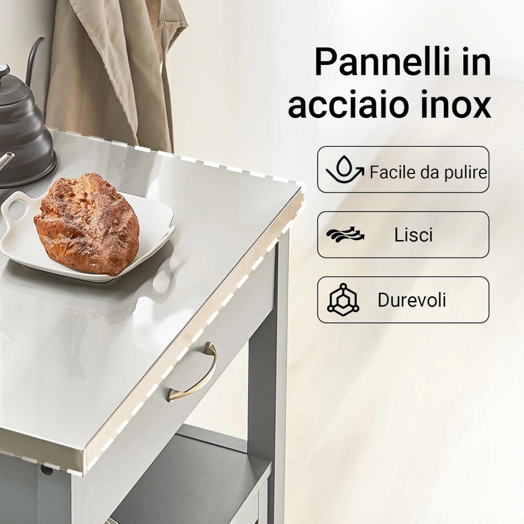 Carrello cucina salvaspazio con piano di lavoro – Mobile cucina con ruote, ideale come mobiletto cucina, credenza compatta o mobile microonde – Disponibile in Grigio 60x92x44cm FKW22-HG