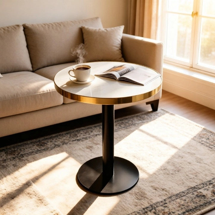 Tavolino basso rotondo con piano effetto marmo e base in acciaio inox dorato per soggiorno moderno in MDF bianco