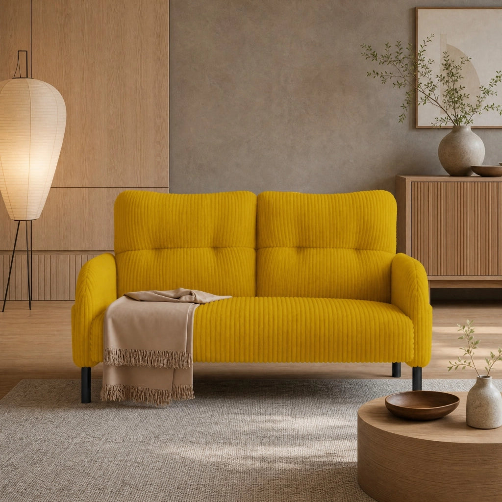 Divano a 2 posti in velluto a coste giallo 120 x 75 x 79 cm con tasca laterale e struttura in metallo