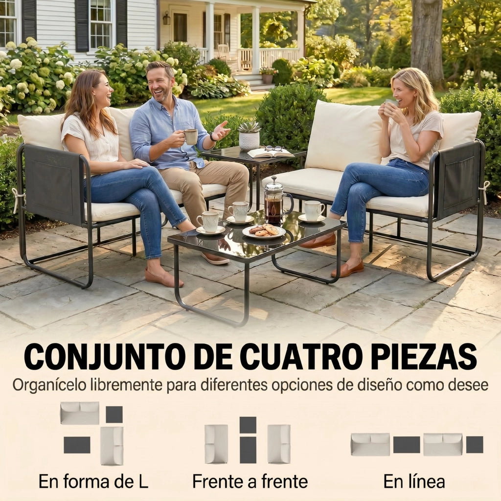 Set giardino esterno 4 pezzi ¨C zephmum ¨C 2 divani 2 posti 2 tavolini vetro cuscini copridivano caqui