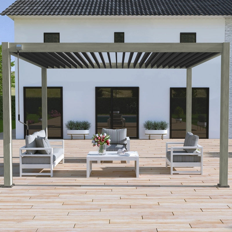 Pergola bioclimatica autoportante OMBREA - 3x4m - Effetto legno con lamelle grigie