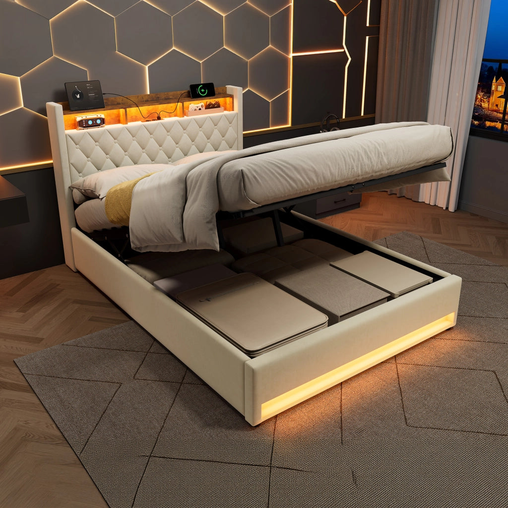Letto imbottito in velluto beige 140 × 200 cm con rete a doghe e testiera, struttura in mdf e ferro