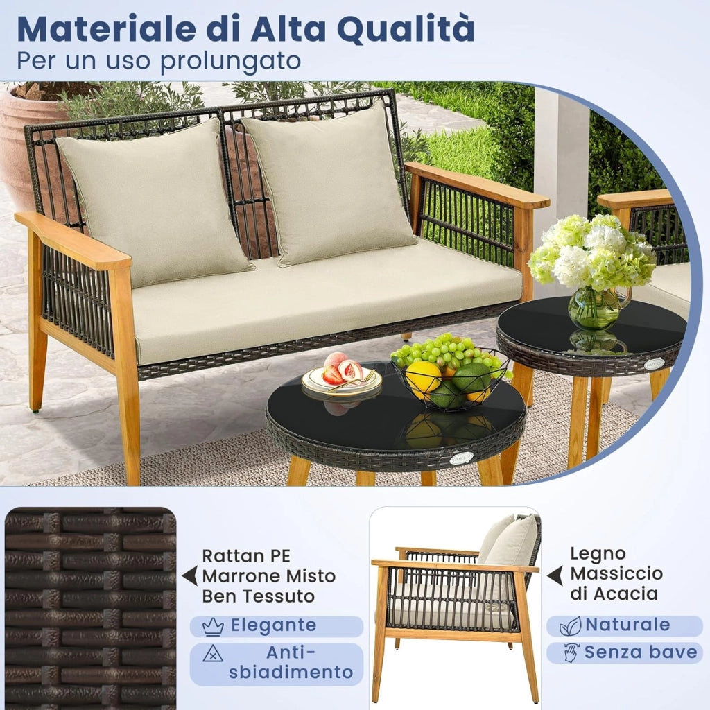 5 Pezzi Set da Conversazione da Giardino, Set di Sedie in Rattan con 2 Tavolini da Caffè, con Cuscini e Telaio Stabile in Legno di Acacia, per Giardino Cortile e Piscina