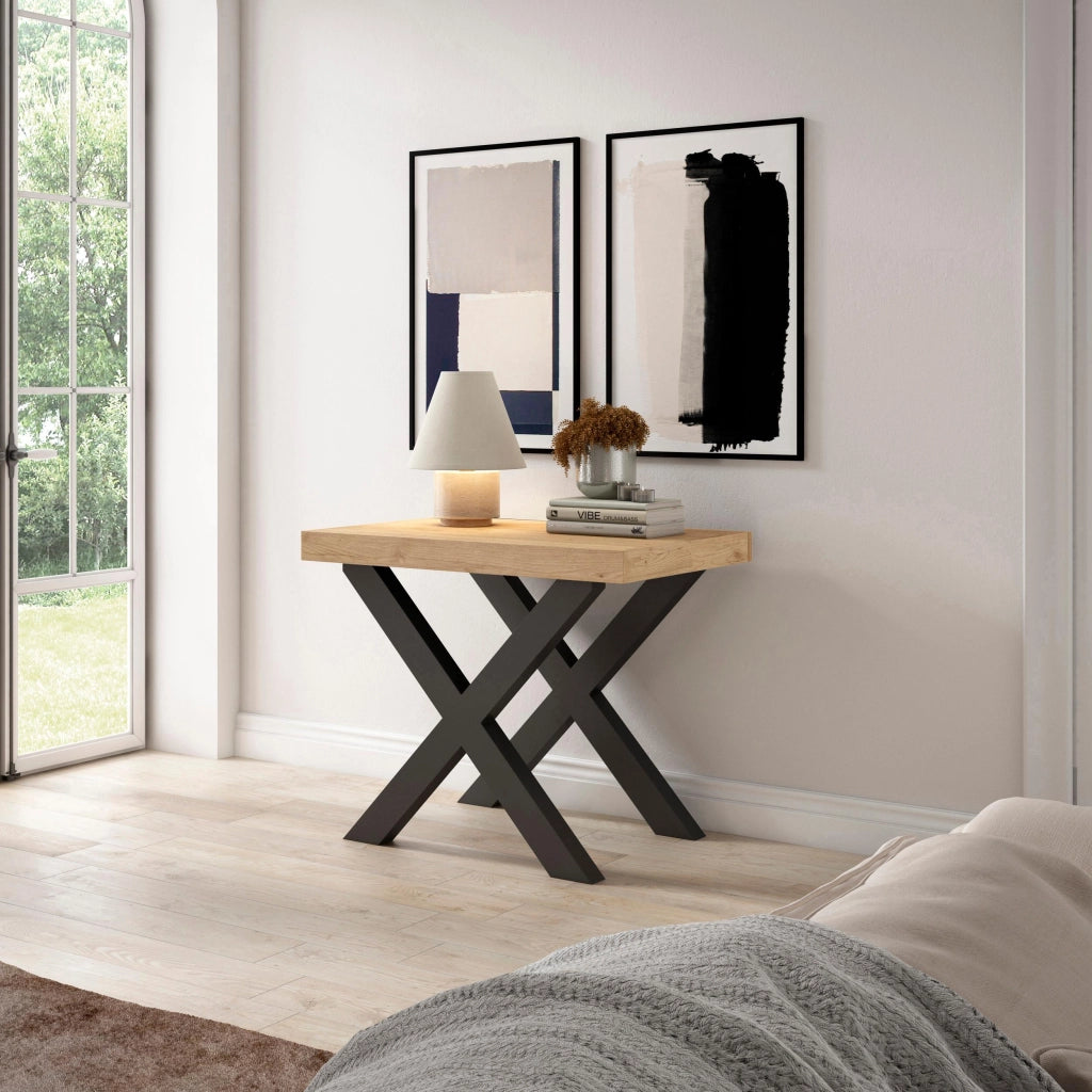 Consolle allungabile, 58 fino 262x90x73cm, Per 12 persone, Gambe in legno, colore Rovere RF2801
