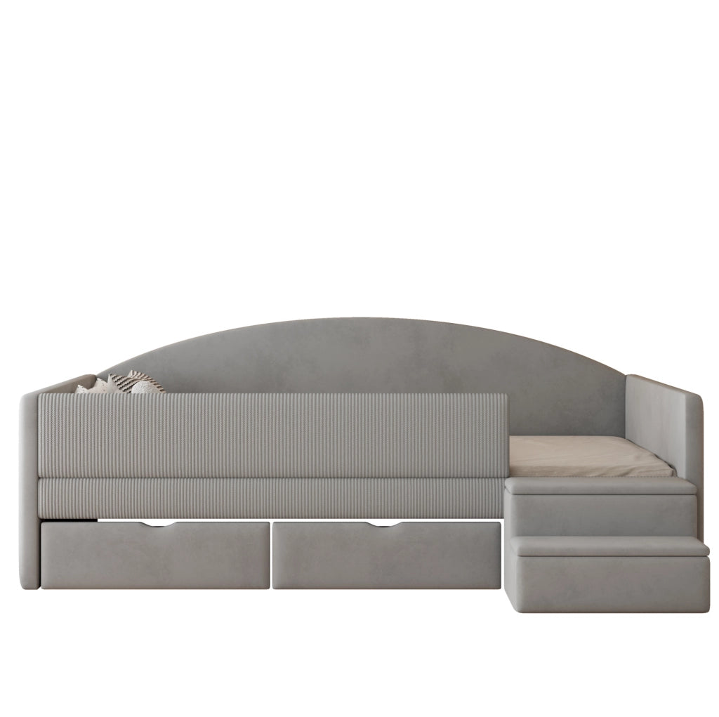 Letto per bambini imbottito 90x190 cm con 2 cassetti; gradini e sponde; grigio acqua