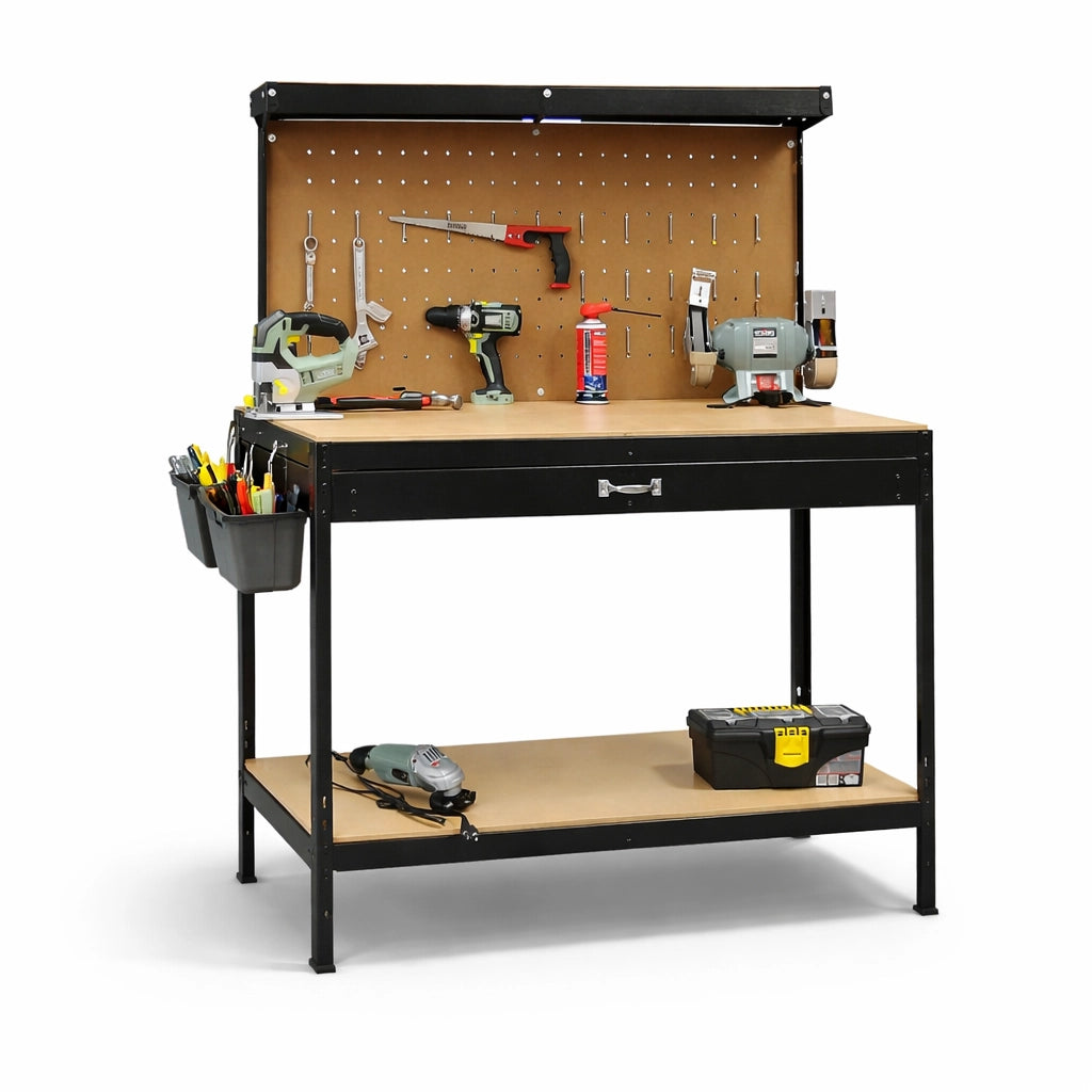 Banco Lavoro Officina Porta Utensili 120x60 H150 cm Cassetto 20 Ganci 3 Ripiani