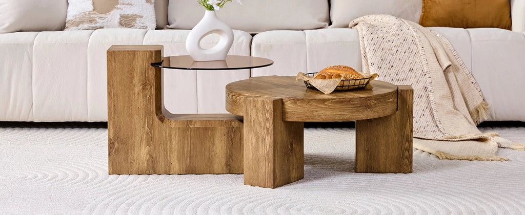 TAVOLINO Set da 2 pezzi rotondo a due livelli 61 cm MDF effetto legno e vetro marrone