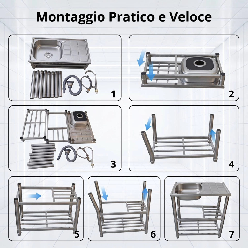 Lavandino in Acciaio Inox Autoportante con Rubinetto e 2 Ripiani – Lavello 1 Vasca con Gocciolatoio Reversibile da Cuc