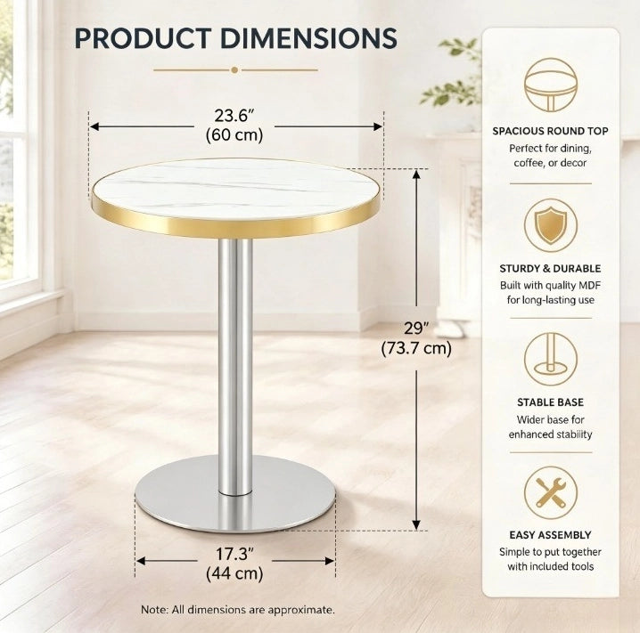 Tavolino rotondo 60 cm in MDF e metallo; bianco con bordo dorato