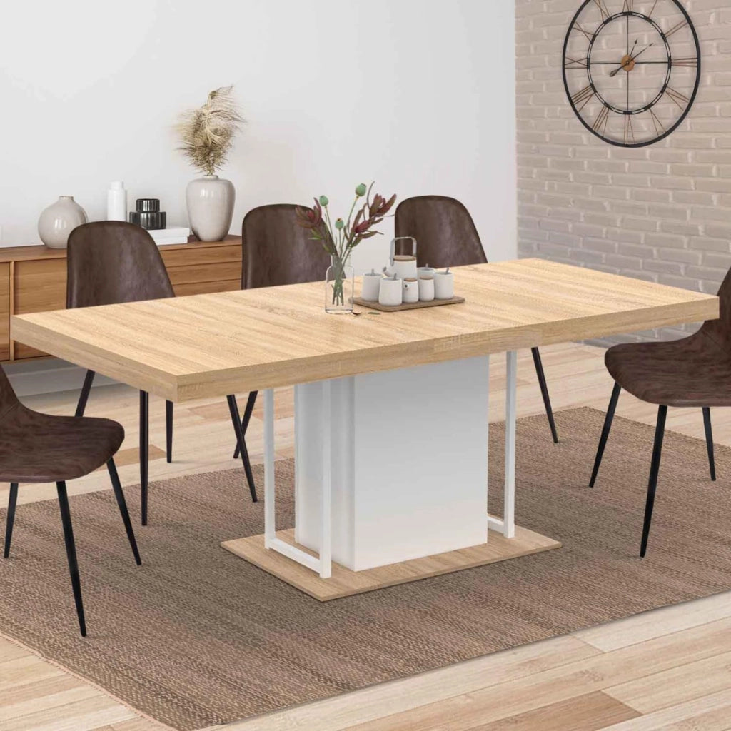Mesa de comedor extensible UGO 6-10 personas haya y blanco 160-200 cm diseño industrial