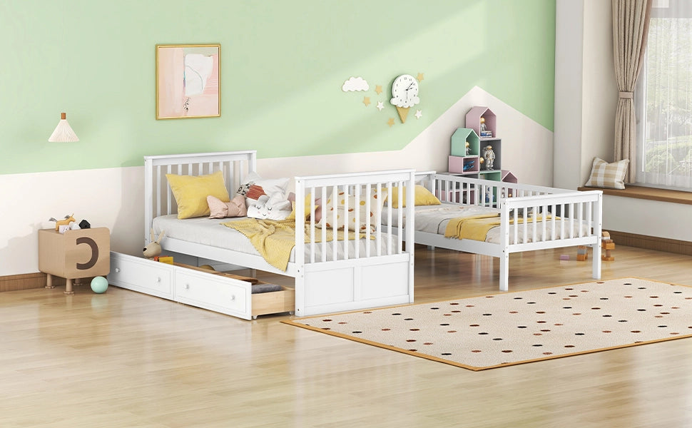 DESMIU Letto a castello per bambini 90 × 200 cm con 2 cassetti, convertibile in 2 letti, senza materasso, bianco