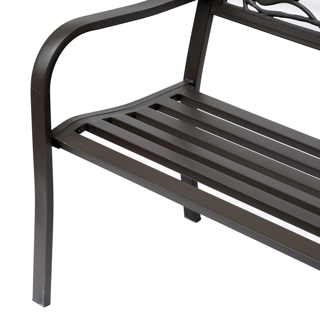EasyComfort Panchina da giardino Impermeabile Acciaio e Ghisa per Esterni, Schienale con Decorazioni Motivo Naturale, 127x60cm, Marrone