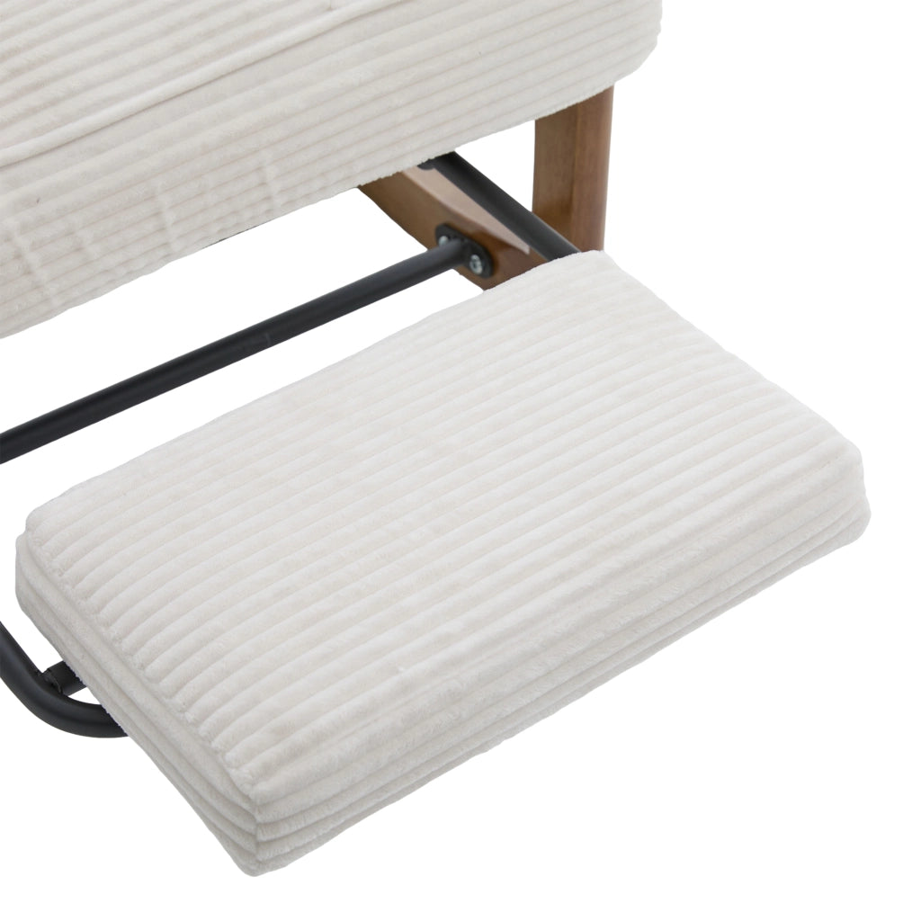 Poltrona a dondolo con poggiapiedi, tasca laterale, cuscino lombare e schienale reclinabile in velluto a coste beige