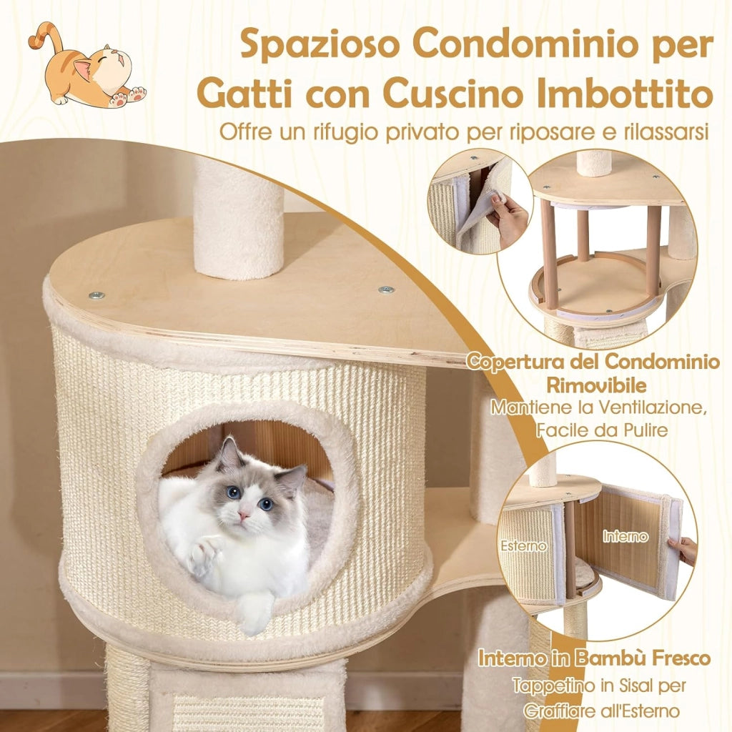 Albero per Gatti, Tiragraffi per Gattini in Legno Alto 143 cm con 2 Posti per Grattare in Sisal, Condominio, Piattaforma, Giocattolo Sospeso e Cuscino Lavabile, Mobile Moderno per Arrampicata