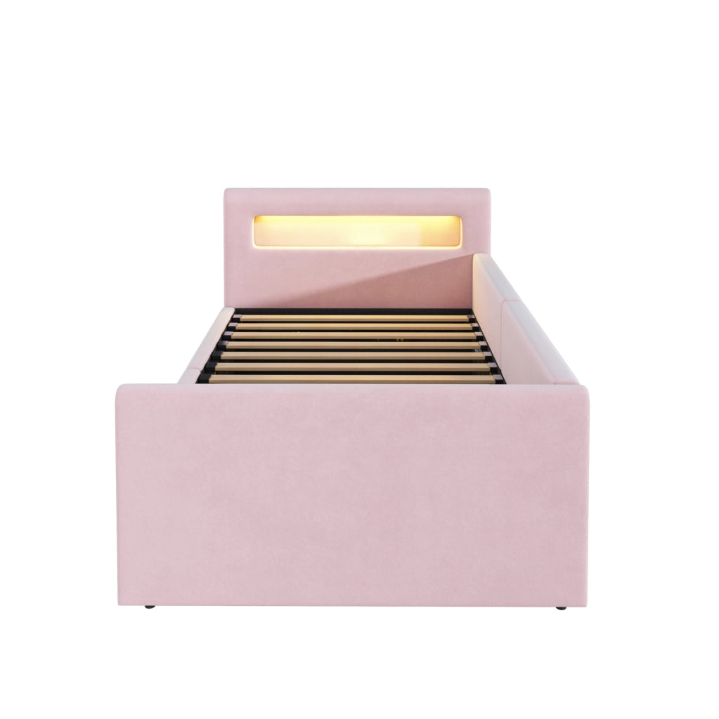 Letto imbottito 90x200 cm con LED; luce notturna; USB e contenitore in velluto rosa