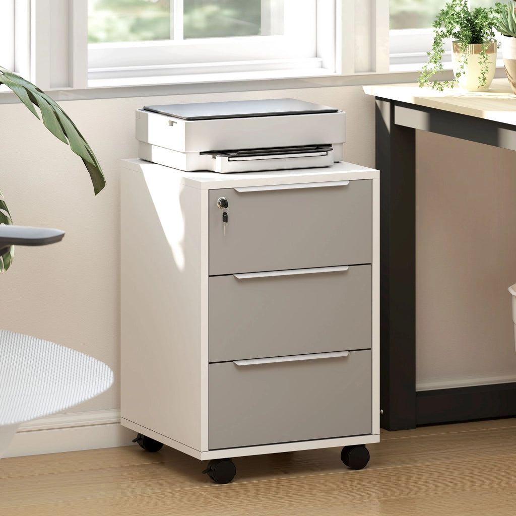 Cassettiera per Ufficio a 3 Cassetti con Chiave e Ruote ¨C Zephmum ¨C Legno, Bianco e Grigio, 40x40x63.5 cm