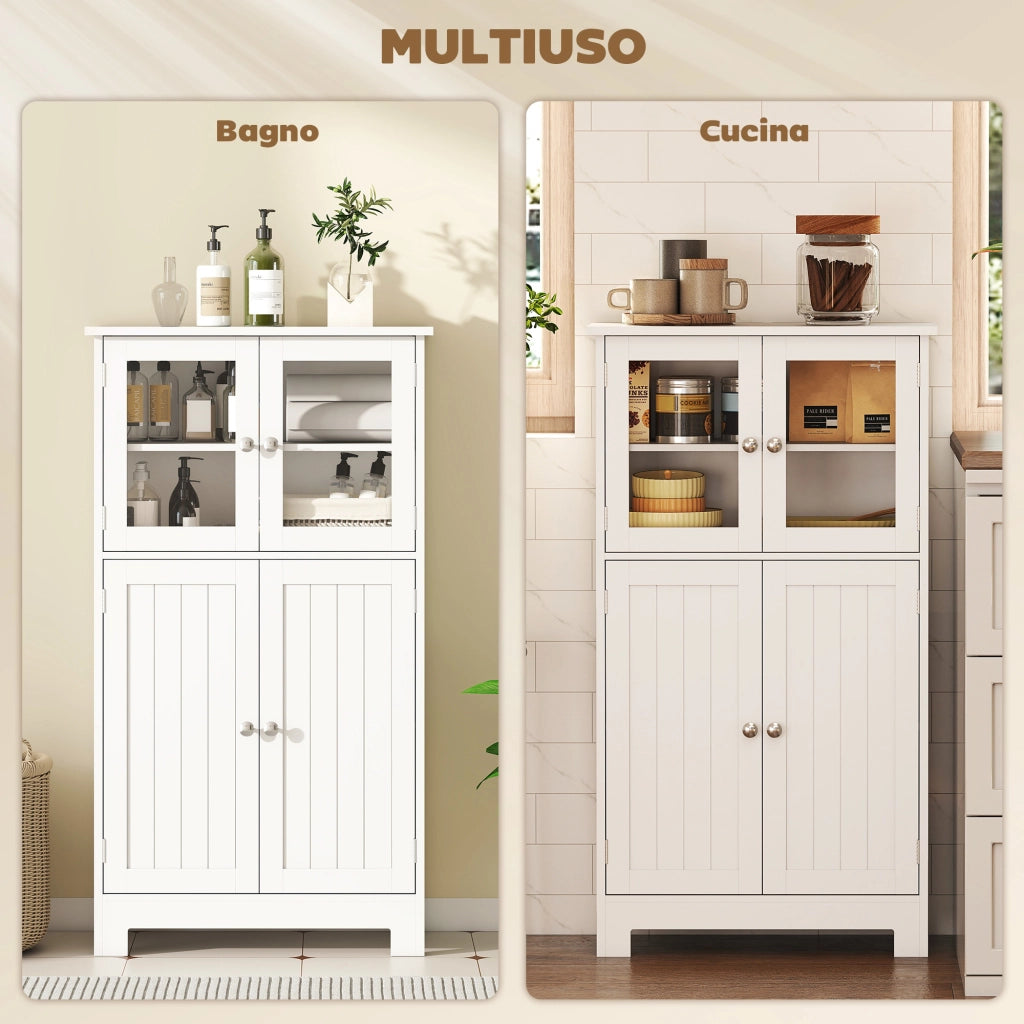 Mobiletto Bagno con due Armadietti, Ante in Vetro e Ripiano Regolabile, 60x30x108.5 cm, Bianco