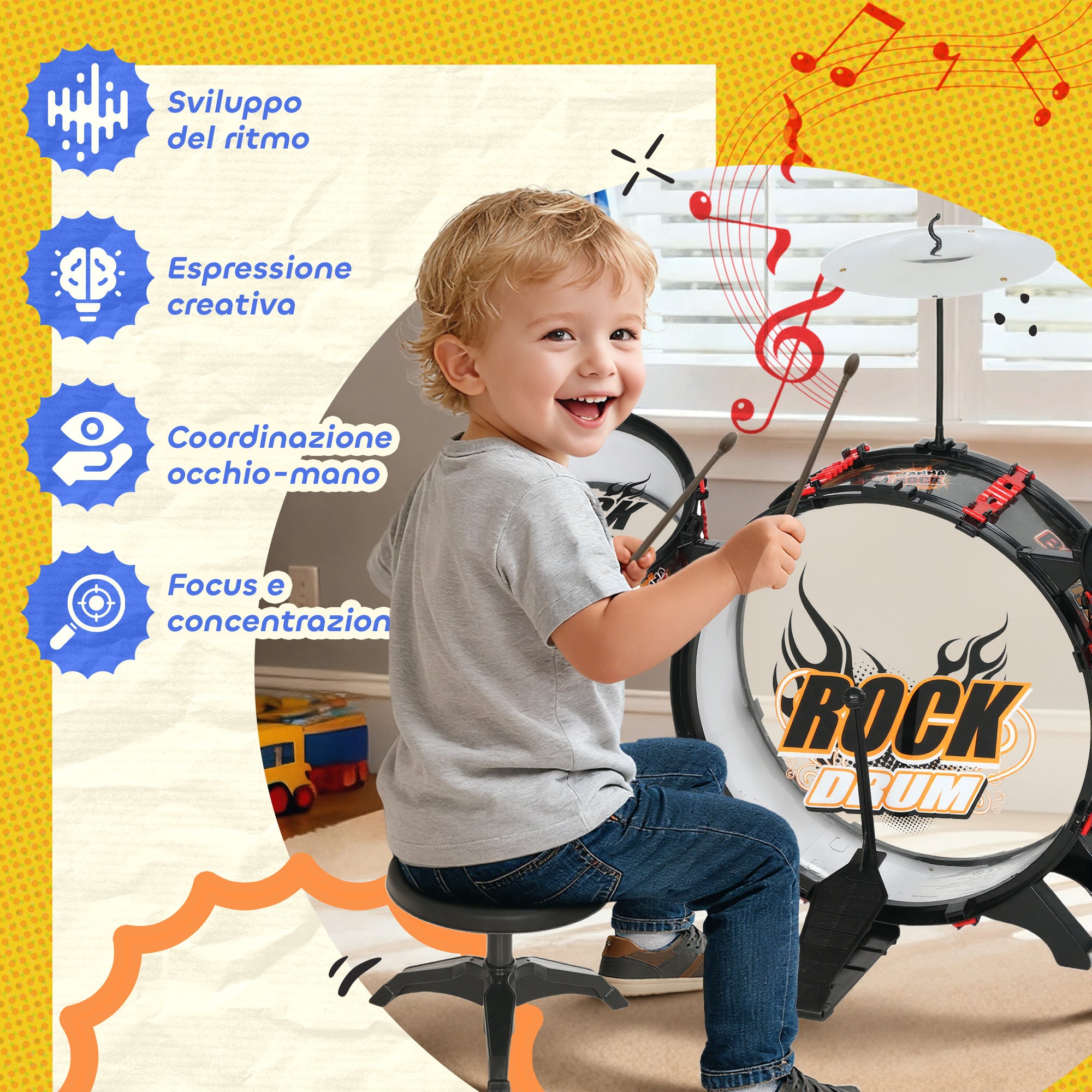 Batteria Giocattolo per Bambini con Sgabello Gioco Musicale in Plastica e Acciaio Inox Nero