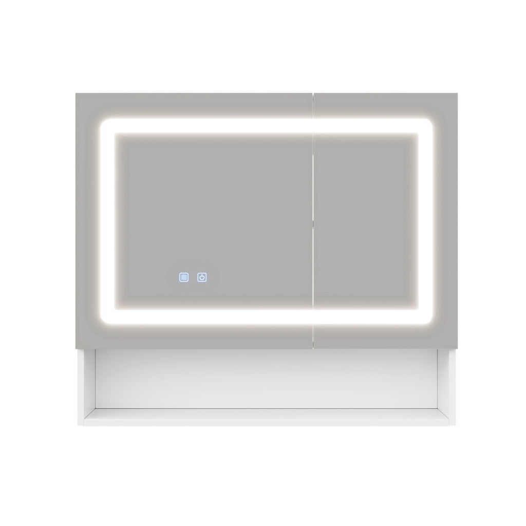 Specchio contenitore bagno 80x17x70 cm, 2 ante, LED dimmerabile e antiappannamento, MDF bianco