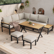 Set da giardino 4 pezzi - Zephmum - Divano angolare, 2 pouf, tavolo in plastica-legno, acciaio zincato, grigio-beige