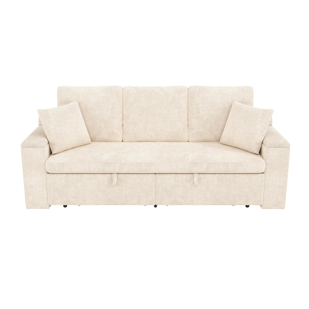 Divano letto 3 posti - con funzione letto; contenitore e porte USB e Type-C - in ciniglia beige
