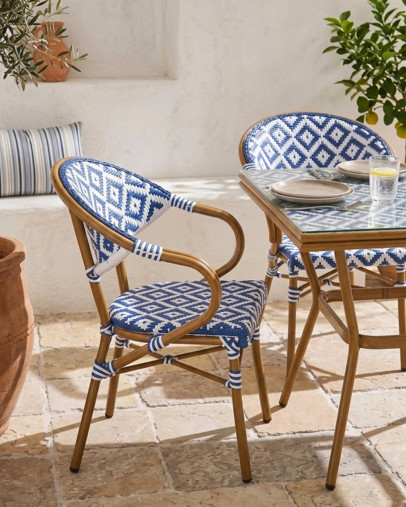 Set di 4 sedie da giardino in Rattan  blu e bianco con struttura in alluminio