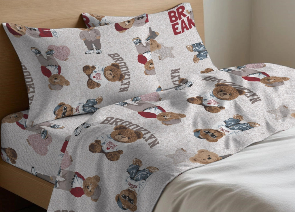 Completo Lenzuola Letto In 100% Cotone Made Italy Disegno Teddy - Maxi - Beige