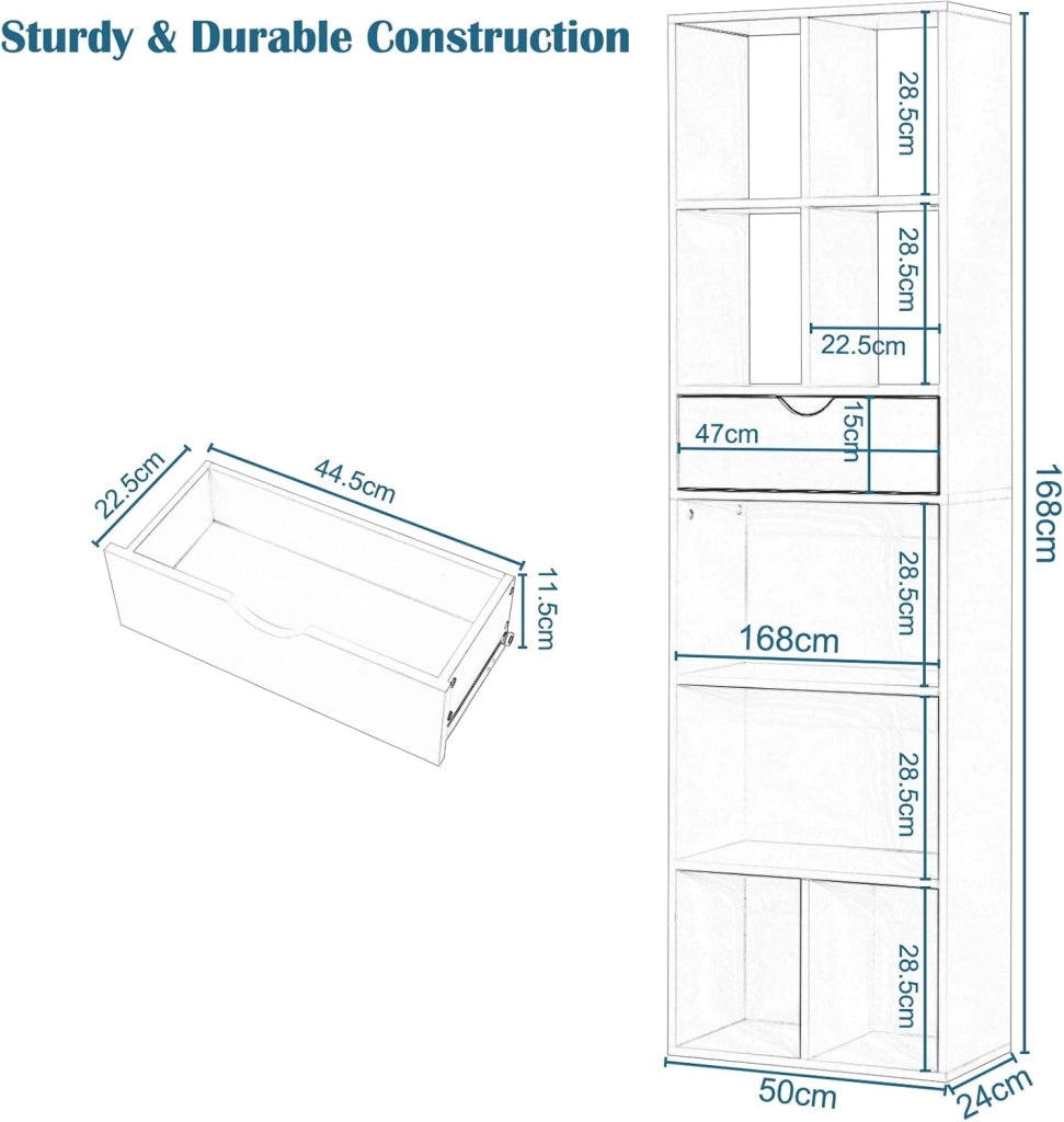 Libreria Bianca, Scaffale Soggiorno con 8 Vani Portaoggetti, Mobile in Legno Salvaspazio con Cassetto, Portalibri da Terra Moderno per Camera da Letto, Ufficio, 50x24x168 cm