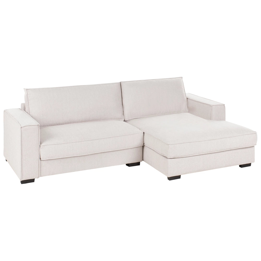 Divano 2 posti ad angolo con schienale in tessuto imbottito e cuscini beige chiaro lato sinistro stile moderno
