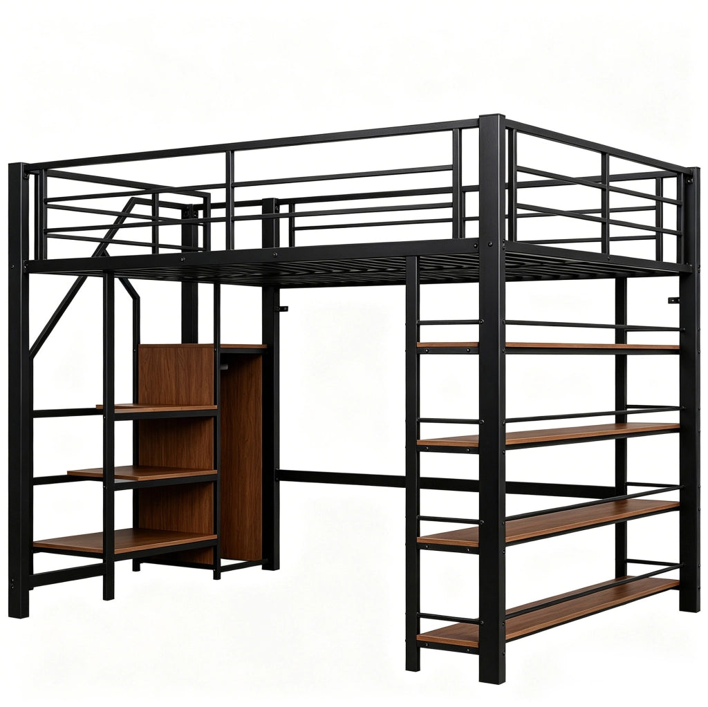 Letto a castello 140x200 cm in metallo con scala contenitore; armadietto; nero