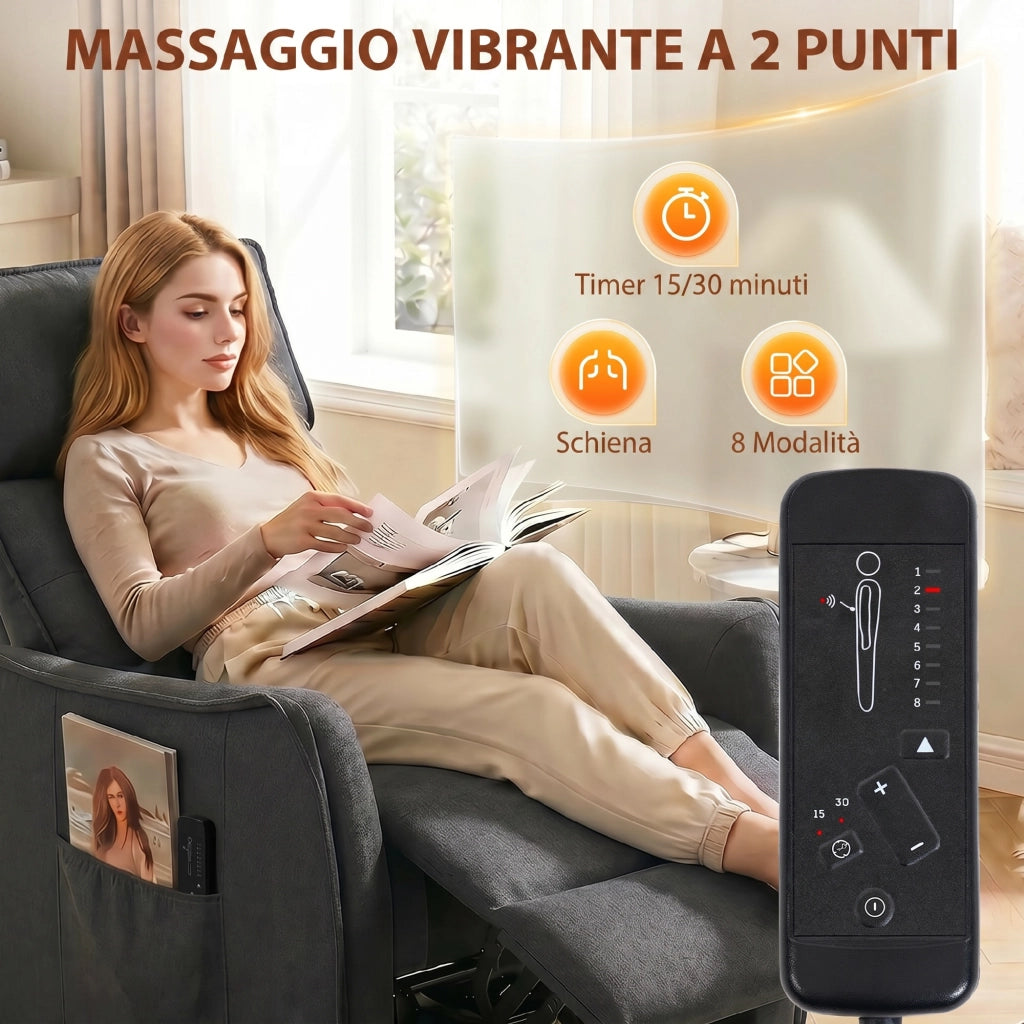 Poltrona Massaggiante  69x93x104 cm Reclinabile a 160° con Poggiapiedi e Telecomando Effetto Lino Grigio Scuro