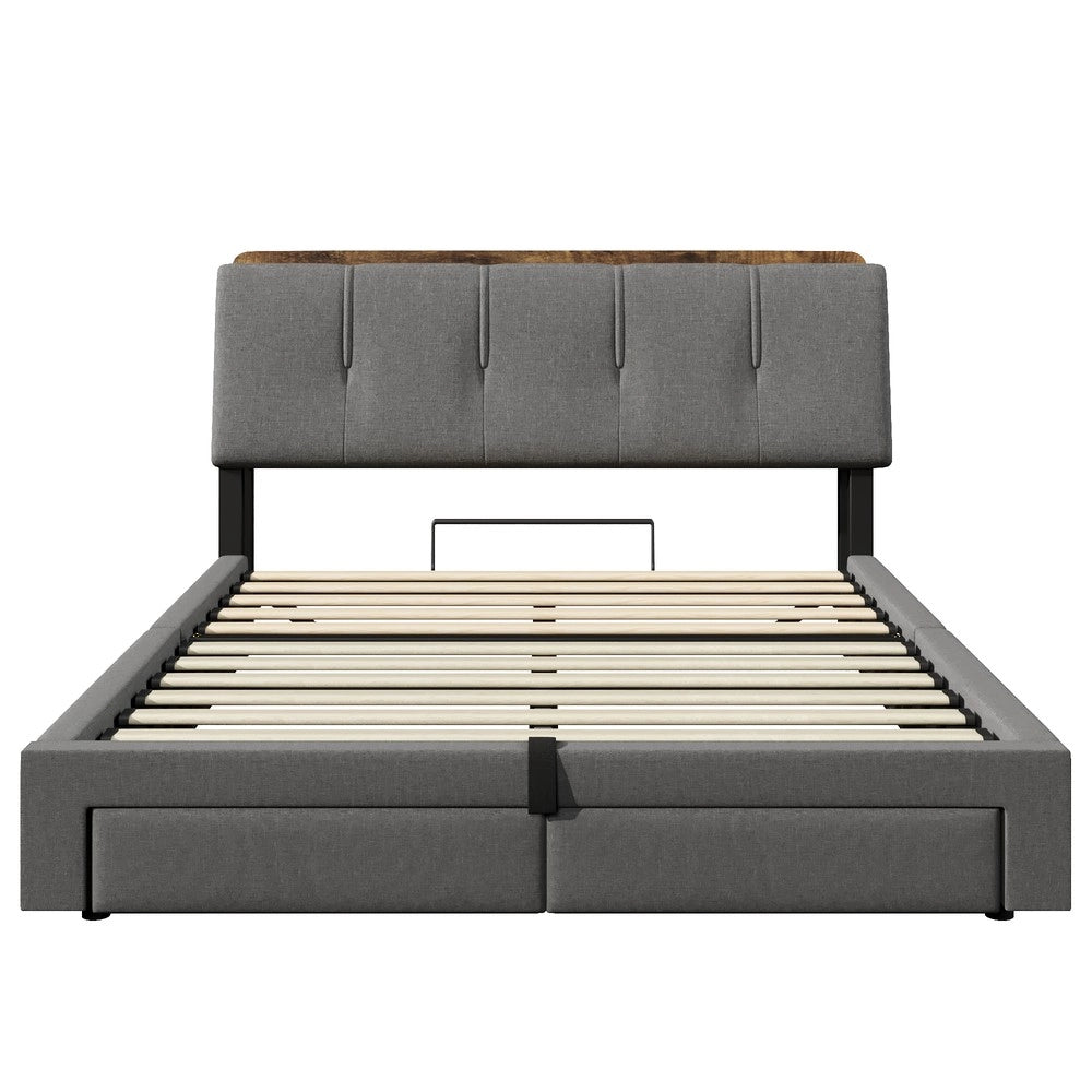 Letto Imbottito Contenitore con LED ¨C MINIMAL ¨C Tessuto Grigio 140x200 cm