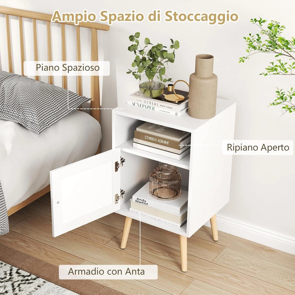 Comodino in Legno con Spazio di Archiviazione, Comodino con Porta in Rattan, Gambe in Legno Massello, per Soggiorno Camera da letto, 40 x 39 x 70 cm (2, Bianco)