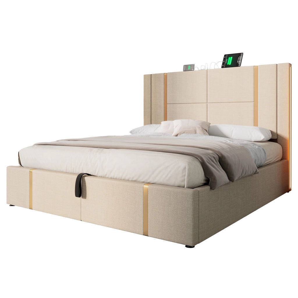 Letto matrimoniale imbottito 180x200 cm con LED RGB, porte USB e Type-C, contenitore rialzabile, beige