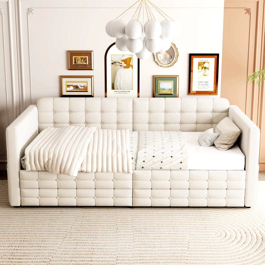 Letto imbottito 90x190 cm con contenitore, tasche laterali, 2 cassetti, tessuto effetto velluto, beige