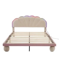 Letto imbottito con strisce luminose multicolore e testiera ondulata, senza materasso, 140×200 cm, Bianco+Rosa