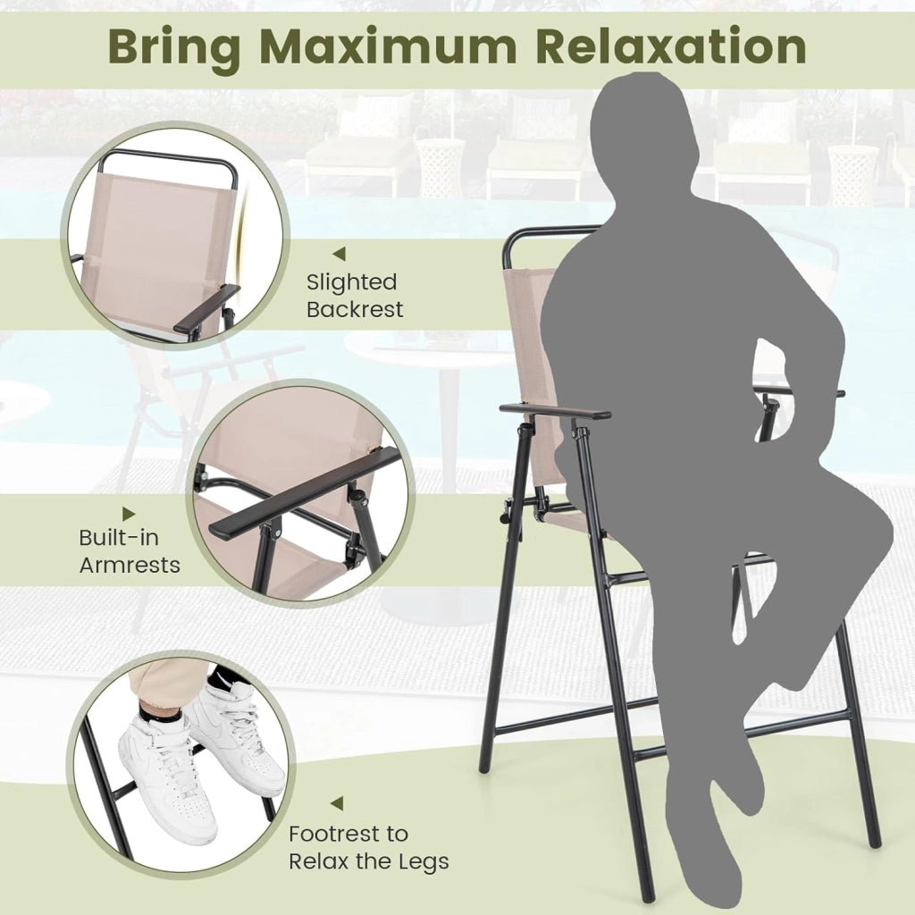 Set di 2 sedie pieghevoli per esterni, con schienale e braccioli, poggiapiedi e telaio in metallo, con tessuto traspirante, per balcone, terrazza, giardino, beige