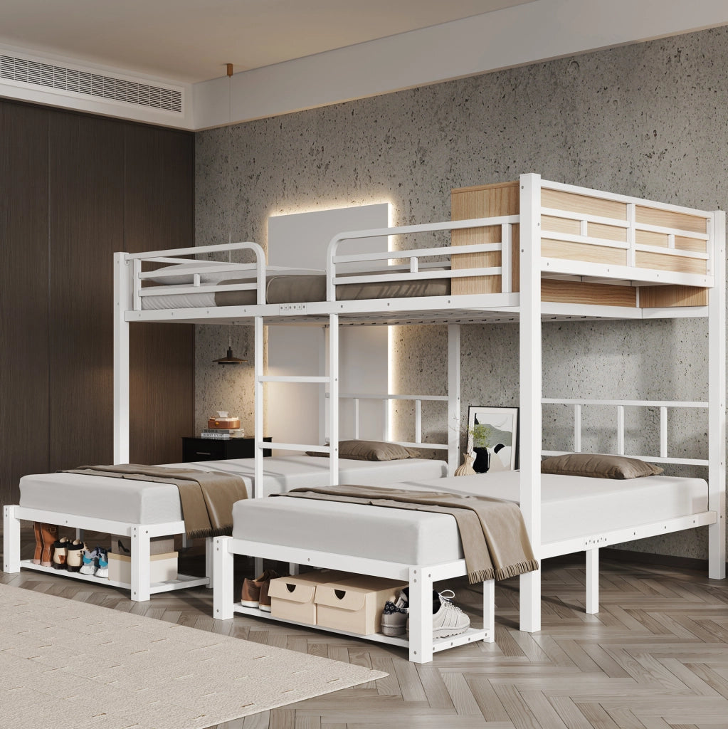 Letto a castello in metallo con 3 posti letto; 140x200 e 2x90x200 cm; bianco e naturale