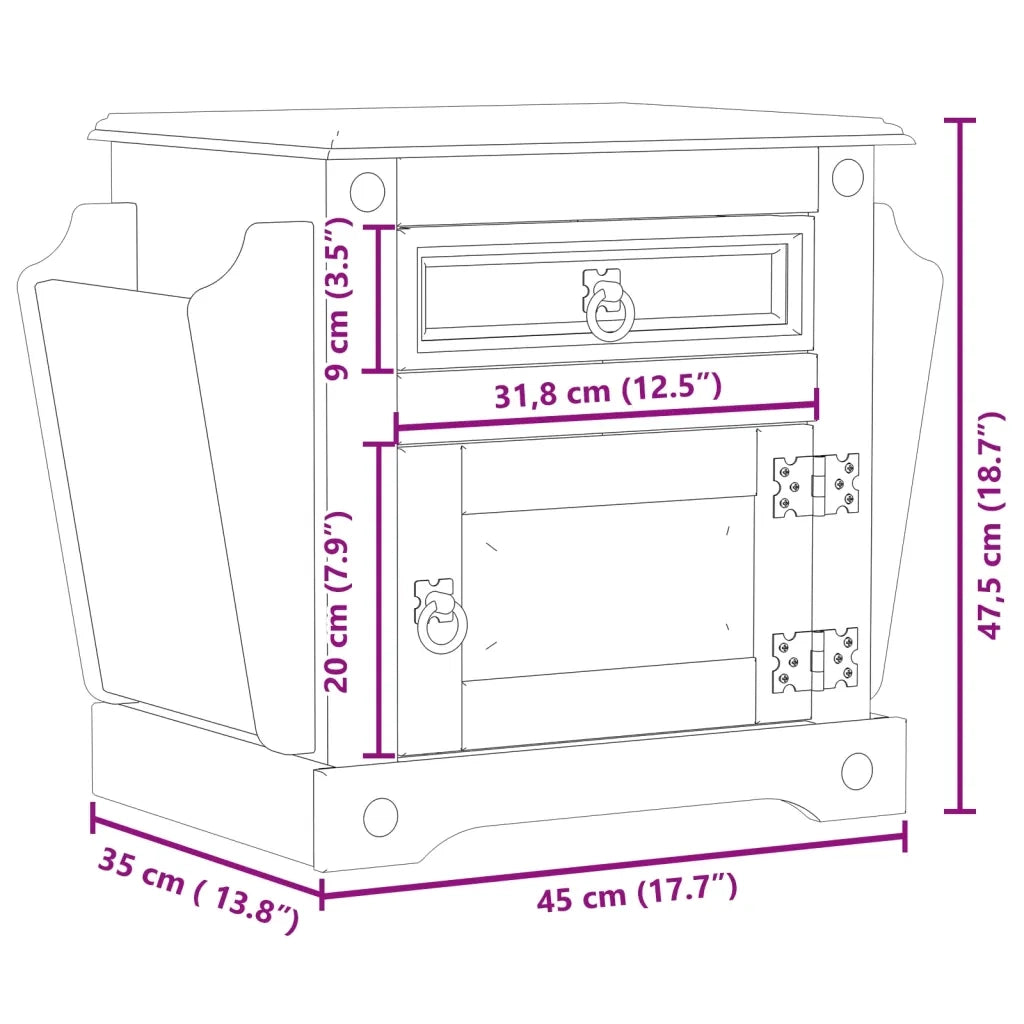 Comodino Corona 45x35x47,5 cm in Legno Massello di Pino 4005657