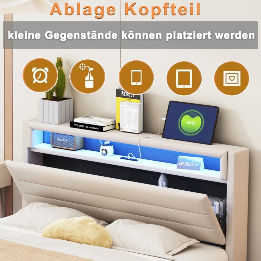 Letto imbottito 140x200 beige con LED, USB e testiera girevole