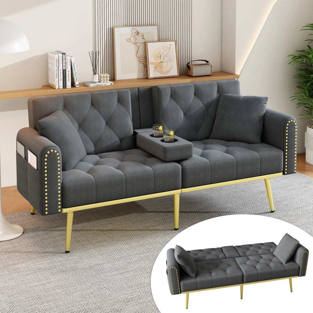 DIVANO LETTO multifunzione 175x80x73,5 cm velluto grigio con 2 cuscini