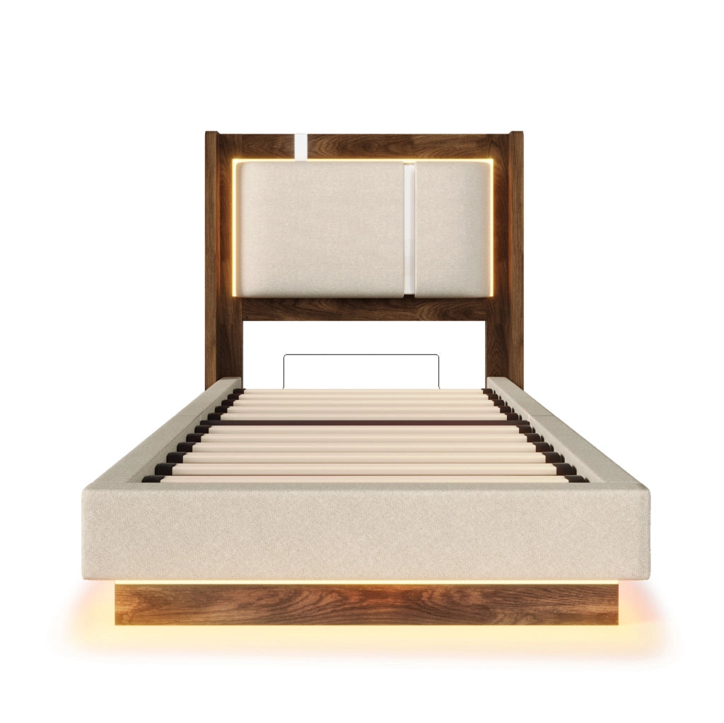 Letto singolo 90x200 cm in lino beige con LED; contenitore con alzata idraulica e rete a doghe
