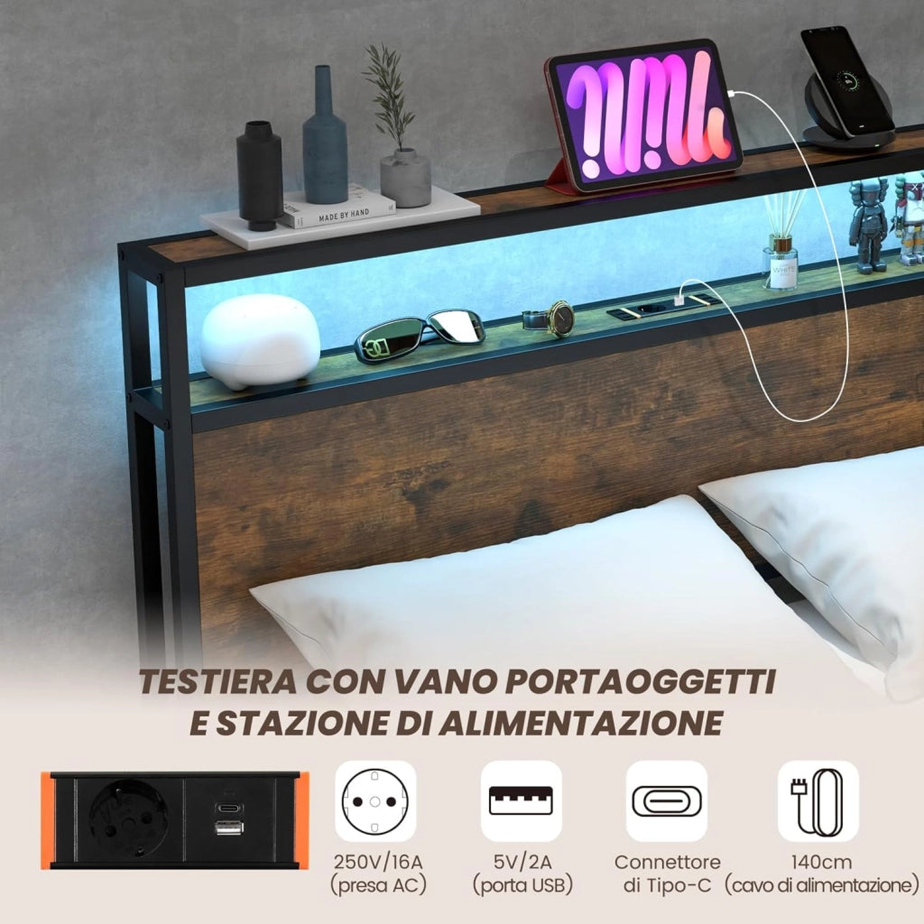 Letto con 4 Cassetti e Testiera, Struttura Letto 200x140 cm con Luci LED Regolabile e Presa Multipla, Carico Massimo 300kg, Silenzioso (200x140 cm)