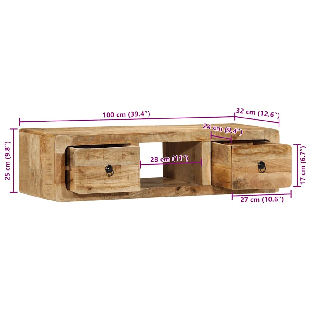 Mobile TV da parete salvaspazio 100 x 32 x 25 cm pratico contenitore stile contemporaneo legno massello di mango grezzo 02_0058066