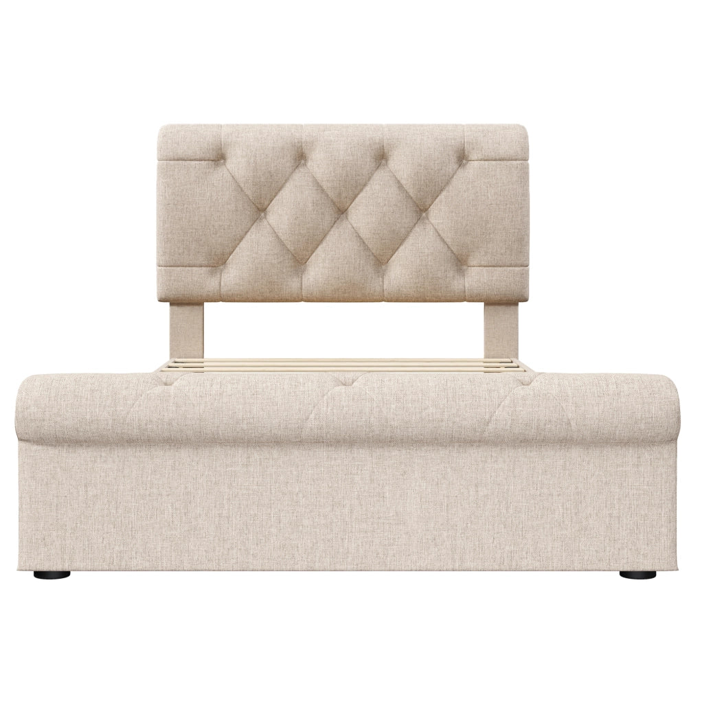 Letto singolo imbottito 90x200 cm con 2 cassetti; testiera regolabile e materasso; naturale