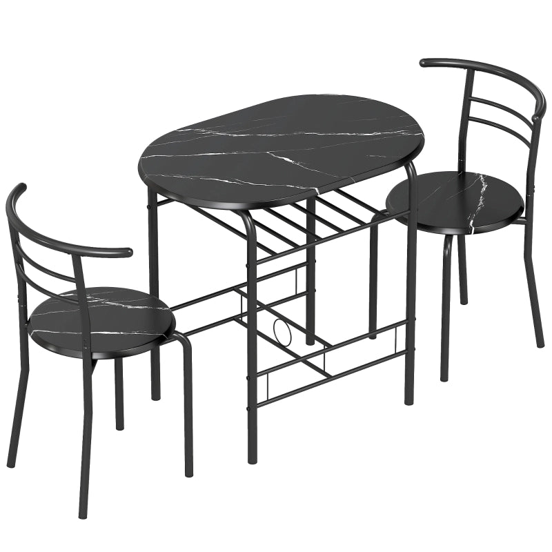 Set tavolo da pranzo 3 pezzi per 2 persone con ripiano, effetto marmo nero