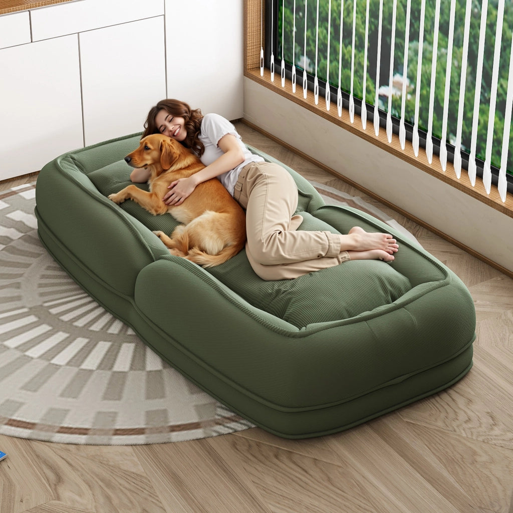 Divano letto ergonomico pieghevole con schienale regolabile a 5 posizioni, 2 cuscini e struttura in tessuto verde per soggiorno e lettura quotidiano