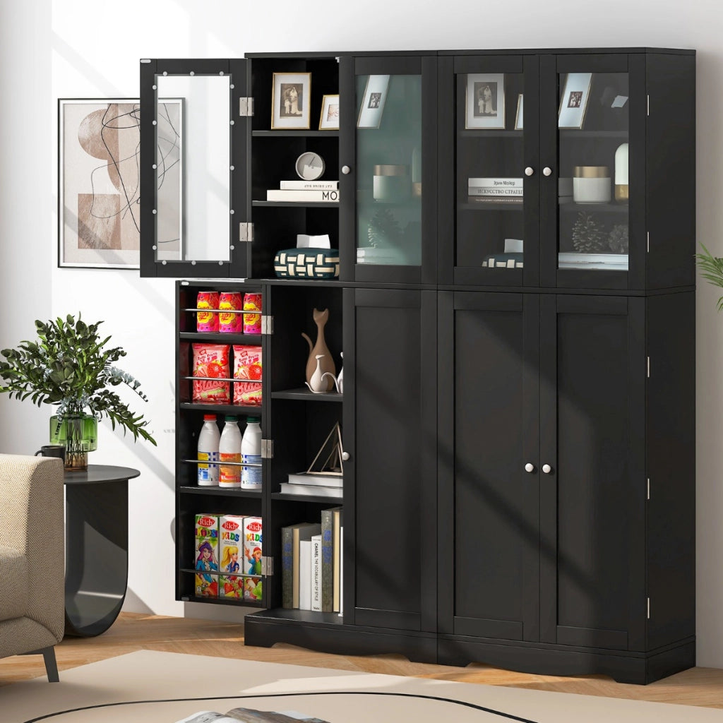 Mobile dispensa da cucina alto 161,5cm con ante in vetro ripiani di stoccaggio, Armadio dispensa per alimenti Nero-Credenze buffet