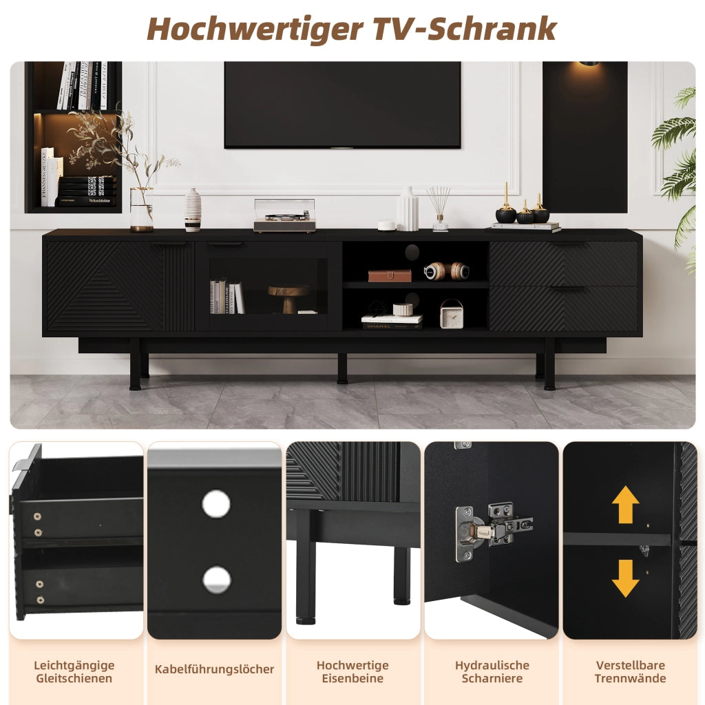 Mobile porta TV moderno con 2 ante, 2 cassetti e 2 vani aperti in vetro temperato nero 200 × 40 × 50,5 cm