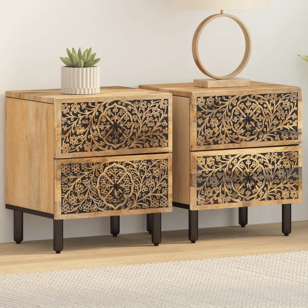 Set di 2 Comodini | Armadio da Notte | Mobiletto da notte 40x33x46 cm in Legno Massello di Mango
